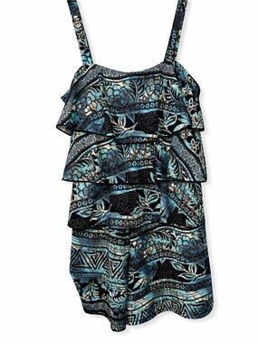 Fit 4 U Ruffled Tiered One-Piece Swimsuit Swim Romper Floral Boho Resort Beach